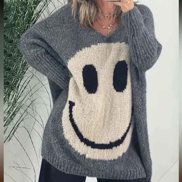 Gray Smiley Face Sweater - Picture 2 of 3